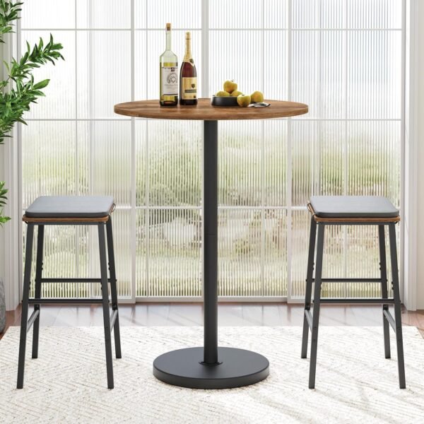 Bar Table, Round Bar Table Set of 2, Counter Height Table, Pub Table, Cocktail Table, Metal Frame, for Bistro, Dining Room, Living Room, Terrace, Rustic Brown and Black BT05L2BR - Image 8