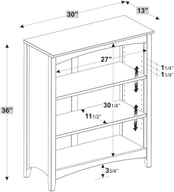 Shaker Style 3 Shelf Bookcase / Solid Wood / 36" High / Adjustable Shelving / Closed Back / Display Bookshelf for Living Room, Bedroom, Home and Office, White - Image 3