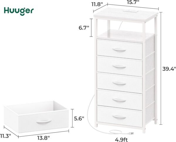 Huuger White Dresser with 5 Drawers & Charging Station, Tall Dresser for Bedroom, Tall Night Stand with PU Leather Finish, Open Shelf, Nightstand for Bedroom, Closet, Hallway, Entryway - Image 3