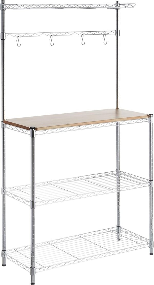 Amazon Basics 3 Tier Kitchen Bakers Rack with Storage, Removeable Top, Wood/Chrome, 14" D x 35.83" W x 63.31" H