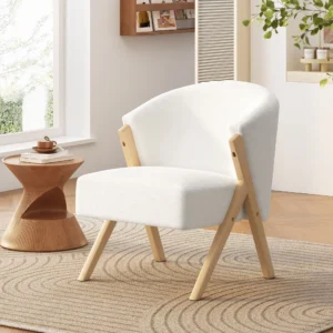 Ergonomic modern white office chair with solid wood frame.