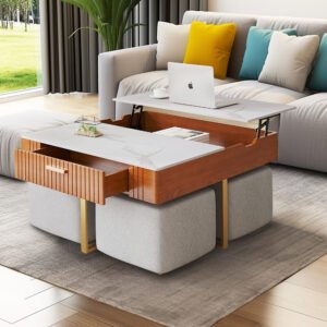 Elegant white marble lift top coffee table set with stools.