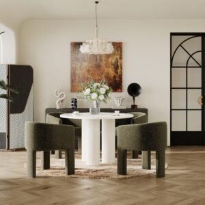 Modern green boucle dining chair with comfortable arms.