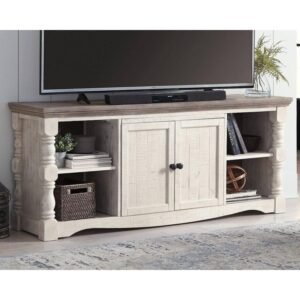 Stylish farmhouse TV stand with cabinet for 65-inch TVs.