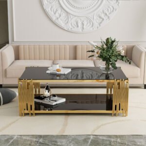 Black Tempered Glass 8mm Gold Leg Stainless Steel Rectangle Glass Coffee Table