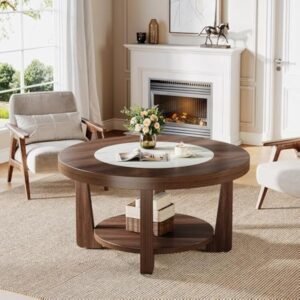 Elegant two-tier round wood coffee table with white-brown finish.
