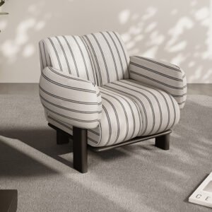 Stylish modern puff fabric lounge chair with solid wood frame.